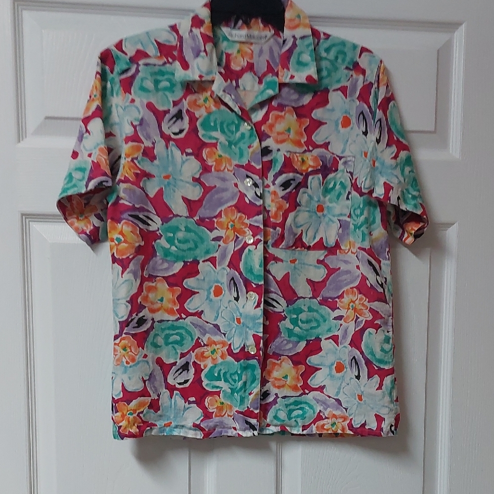 Vintage Colorful Floral Richard Malcolm Blouse 100% Irish Linen